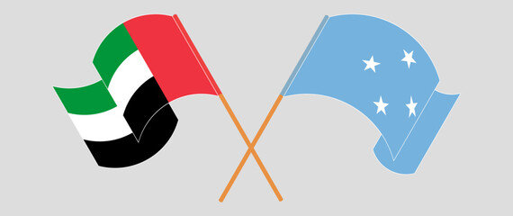 Crossed and waving flags of the United Arab Emirates and Micronesia