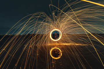 Twisting with steel wool in the dark - reflection in the water