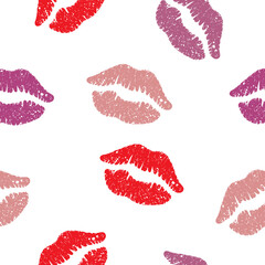 Seamless pattern of  woman's lips on white background. Makeup and beauty concept. Hand drawn vector illustration