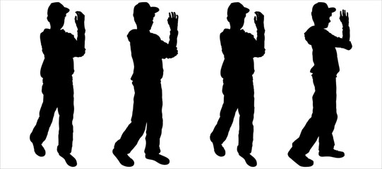 A teenager in a cap and tracksuit dances a break. Dancing boy in a hat. Black silhouettes of hip-hop dancers. Side view. Four teen silhouettes of hip-hop dancers over a white background