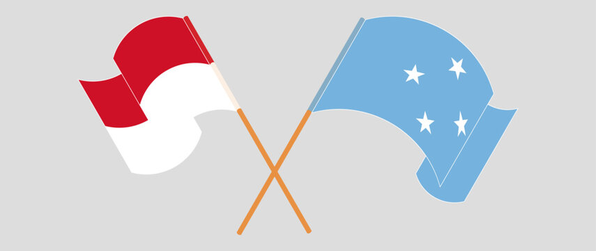 Crossed and waving flags of Indonesia and Micronesia