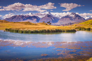 Fototapeta na wymiar Wilcacocha lake reflection in Cordillera Blanca, snowcapped Andes, Ancash, Peru
