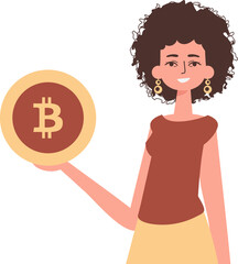 Woman holding bitcoin coin in her hands. Character in modern trendy style.