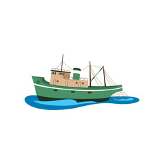 Fishing boat cartoon illustration. Tug boat, ship or vessel. Fishery, marine industry, transportation, factory concept