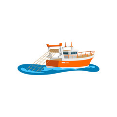 Fishing orange boat cartoon illustration. Tug boat, ship or vessel. Fishery, marine industry, transportation, factory concept