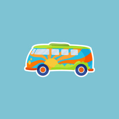 Retro hippie badge with van vector illustration. Sticker or patch with traveling van on blue background. Hippie, peace, music, love, accessories concept