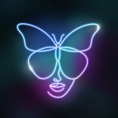 Fototapeta premium Neon face of a woman in a linear style. 