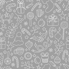 Vector seamless pattern with hand drawn elements. Cute design for Christmas wrappings, textile, wallpaper and backgrounds.