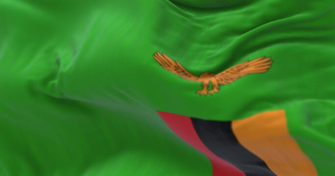 Close-up view of the Zambia national flag waving in the wind
