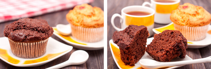 Cupcakes with tea on black wooden background