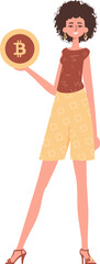 Girl holding a bitcoin coin in her hands. Character in trendy style.