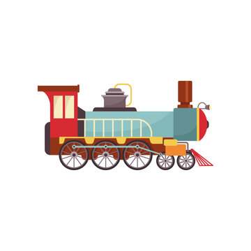 Blue and red vintage locomotive cartoon illustration. Retro locomotive, engine or steam train. Transportation concept