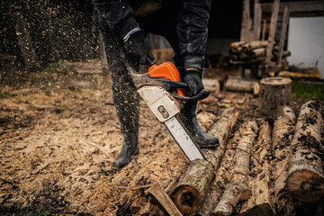 Hands of a lumberjack cutting woods with chainsaw.