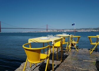 Restaurant with view to the 25 April bridge in Lisbon