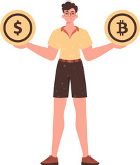 The guy holds in his hands bitcoin and dollar in the form of coins. Character in modern trendy style.