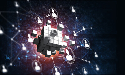 Concept of Internet and networking with digital cube figure on dark background