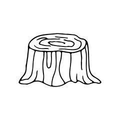 Wooden stump. Stump in the forest or garden. Remaining tree with roots. Doodle. Hand drawn. Vector illustration. Outline.