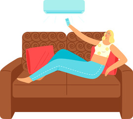 Young woman at home design, adult girl cartoon character use air conditioning, vector illustration. Flat people in heat room cool by ventilation.
