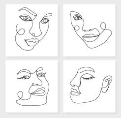 Continuous one line drawing of woman faces on white background. Set of creative minimalist modern one line art for prints, posters, banners, cards etc. Vector illustration