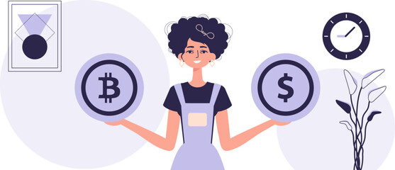The concept of mining and extraction of bitcoin. A woman holds a bitcoin and a dollar in her hands. Character in modern trendy style.