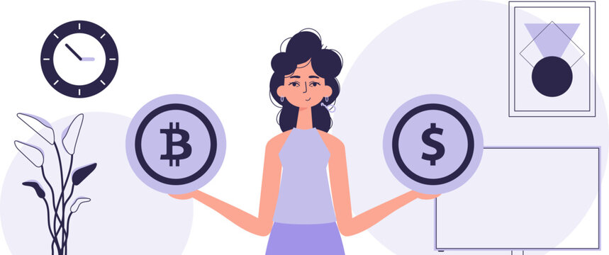 The concept of mining and extraction of bitcoin. A woman holds a bitcoin and a dollar in her hands. Character in trendy style.