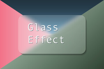 Glass morphism. Transparent glass effect, acrylic rectangle card design.  Glass-morphism trend style. Green, pink, navy geometric background. Vector banner, poster.