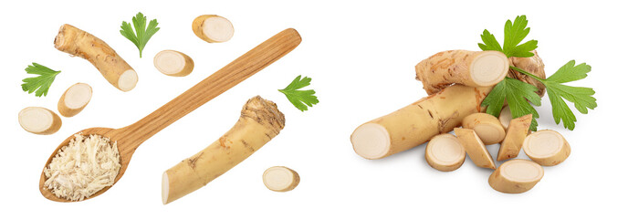 Horseradish root grated in spoon with slices isolated on white background
