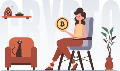 The concept of mining and extraction of bitcoin. A woman sits in a chair and holds a bitcoin in her hands. Character with a modern style.