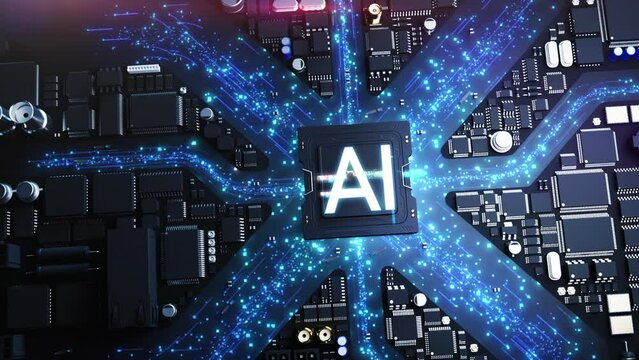 stylized city consisting of chips and computer components on a printed circuit board in the center of a powerful CPU with the title AI. 
