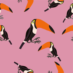 Seamlesss stylized colored toucans.  Hand drawn.