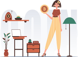 The concept of mining and extraction of bitcoin. A woman holds a bitcoin coin in her hands. Character with a modern style.