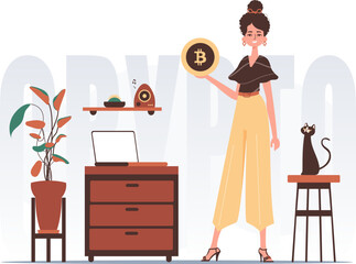 The concept of mining and extraction of bitcoin. A woman holds a bitcoin coin in her hands. Character in modern trendy style.