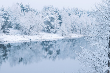  snow-covered bank of the Viliya river in the Smorgon region in Belarus. Beautiful snowy landscape with a river
