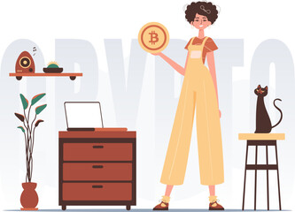 Cryptocurrency concept. A woman holds a bitcoin in her hands. Character in trendy style.