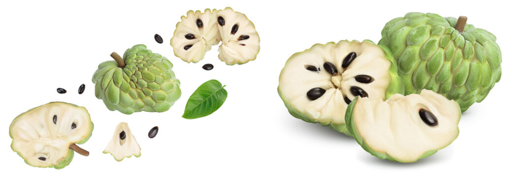 Sugar apple or custard apple isolated on white background. Exotic tropical Thai annona or cherimoya fruit. Top view. Flat lay