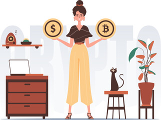 The concept of mining and extraction of bitcoin. A woman holds in her hands a bitcoin and a dollar in the form of coins. Character with a modern style.