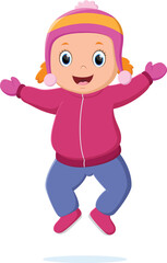 Cartoon happy little girl in winter clothes