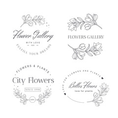 Vector set flowers logos templates. Modern hand drawn line style design. Minimalist drawn floral logo design illustration.