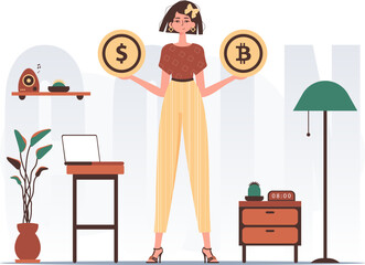 Cryptocurrency concept. A woman holds a coin of bitcoin and dollar in her hands. Character in modern trendy style.