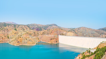Panoramic view of Bağbaşı Dam and lake on a sunny day - Konya, Turkey