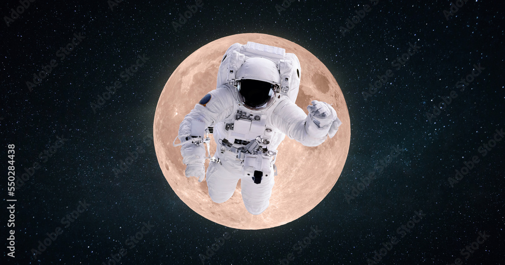Poster space man astronaut flies in outer deep starry space on the background of the full moon. space missi