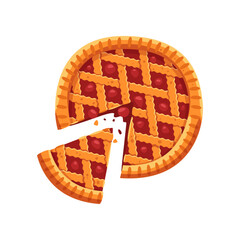 Cut checkered berry pie and pie slice cartoon illustration. Top view of delicious homemade berry filling. Bakery, pastry, food, restaurant, menu concept - obrazy, fototapety, plakaty