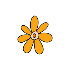 Retro Groovy Flower Element, Daisy flat icon in doodle style. Cute Hand Drawn Hippy Flower inspirited by 70s years. Vintage vector illustration isolated on white background. Floral for poster, print.