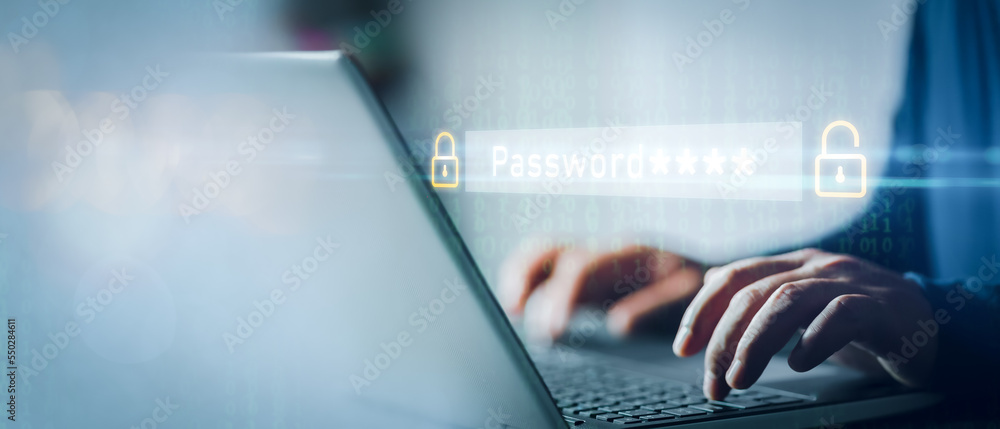Poster password to access personal user data, login and password, cyber security concept, data protection a