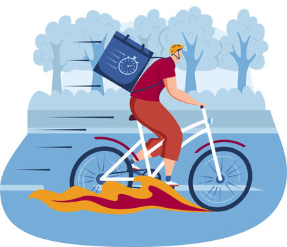 Courier man ride bicycle from delivery service, vector illustration. Flat food fast transportation by bike, male character with express order