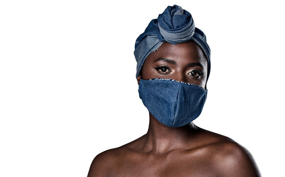 Shot Of A Beautiful Young Woman Wearing A Denim Head Wrap And Mask Against Isolated On A Transparent Png Background