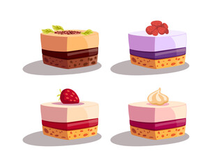 Different little cakes on plates vector illustrations set. Collection of cartoon drawings of sweet treats with layers of sponge and souffle isolated on white background. Desserts, food concept