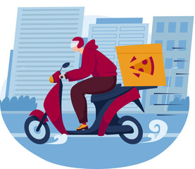 Delivery service by courier man at scooter, fast box transportation at motorbike, vector illustration. Driver character at motorcycle transport.