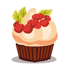 Cupcake with whipped cream and berries vector illustration. Cartoon drawing of sweet treat with garden strawberries as topping isolated on white background. Desserts, food, bakery concept