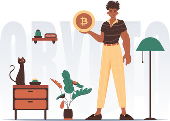 Cryptocurrency concept. A man holds a bitcoin coin in his hands. Character with a modern style.